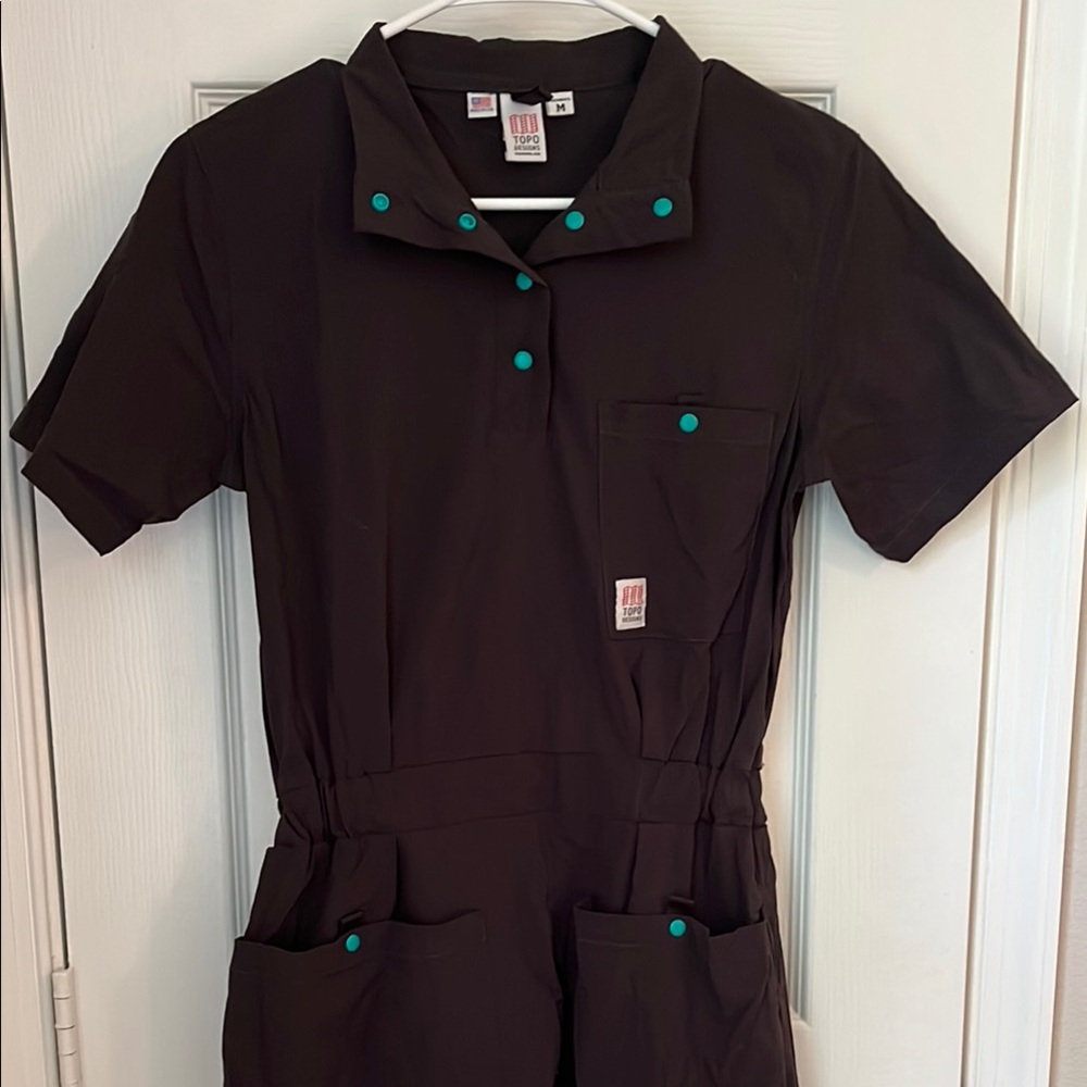 Rare Topo Designs Black Mini Dress with Teal Snaps Size Medium